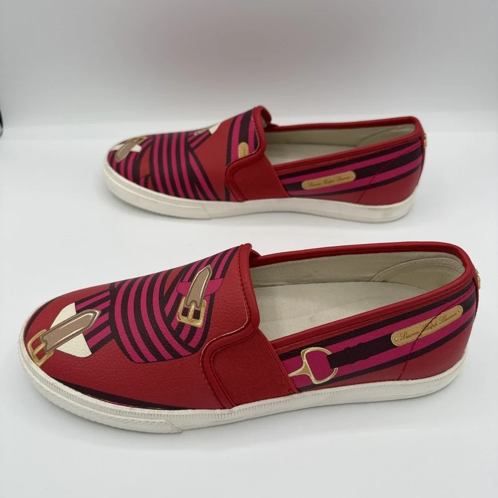 Lauren Ralph Lauren Jinny Slip On Sneakers Red Belting AOP Sz 6 B